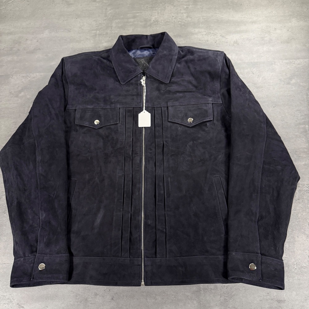 The Bombay Leather Co Suede Trucker Jacket Mens XL Navy Blue Zip Front Pleated